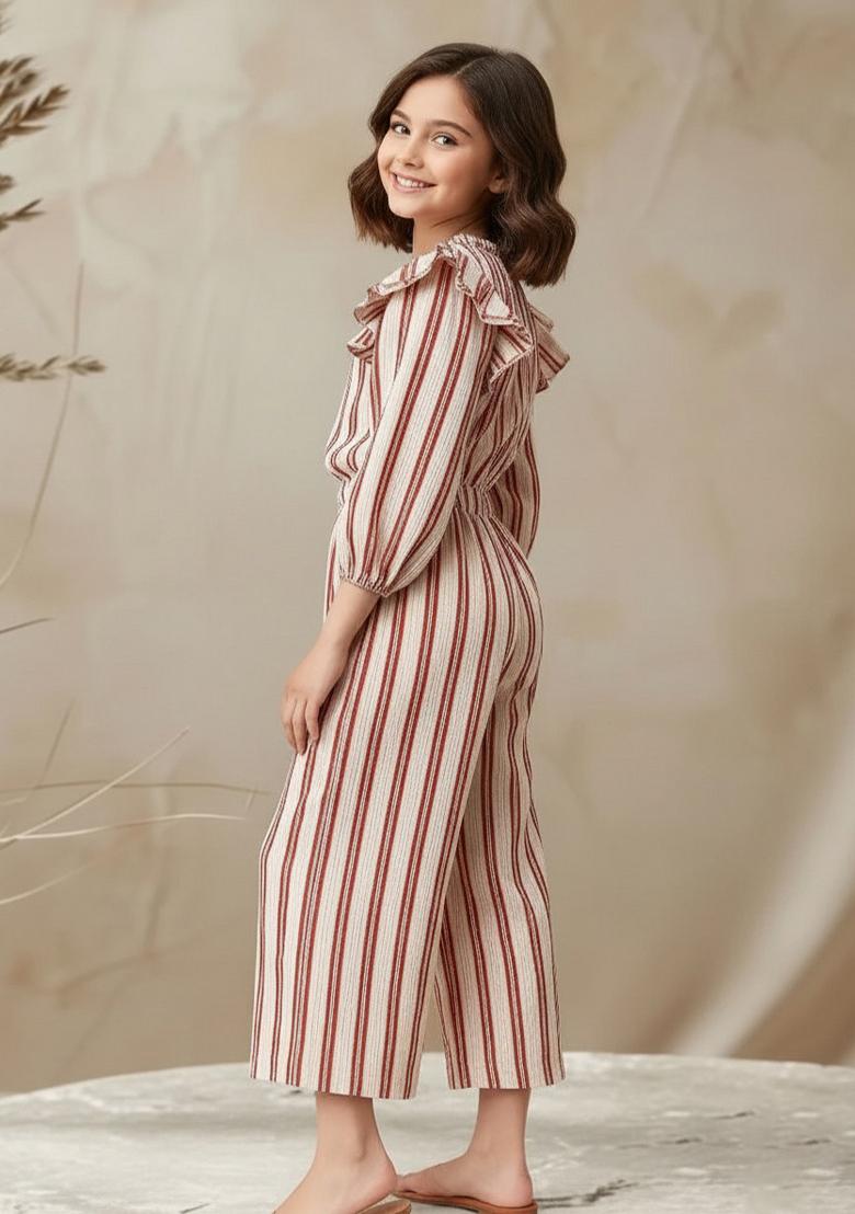 Girls White Striped Poplin Jumpsuit - Indya