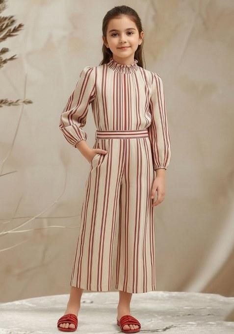 Girls White Striped Poplin Jumpsuit