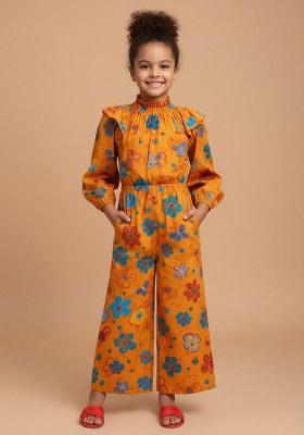 Girls Yellow Floral Print Poplin Jumpsuit