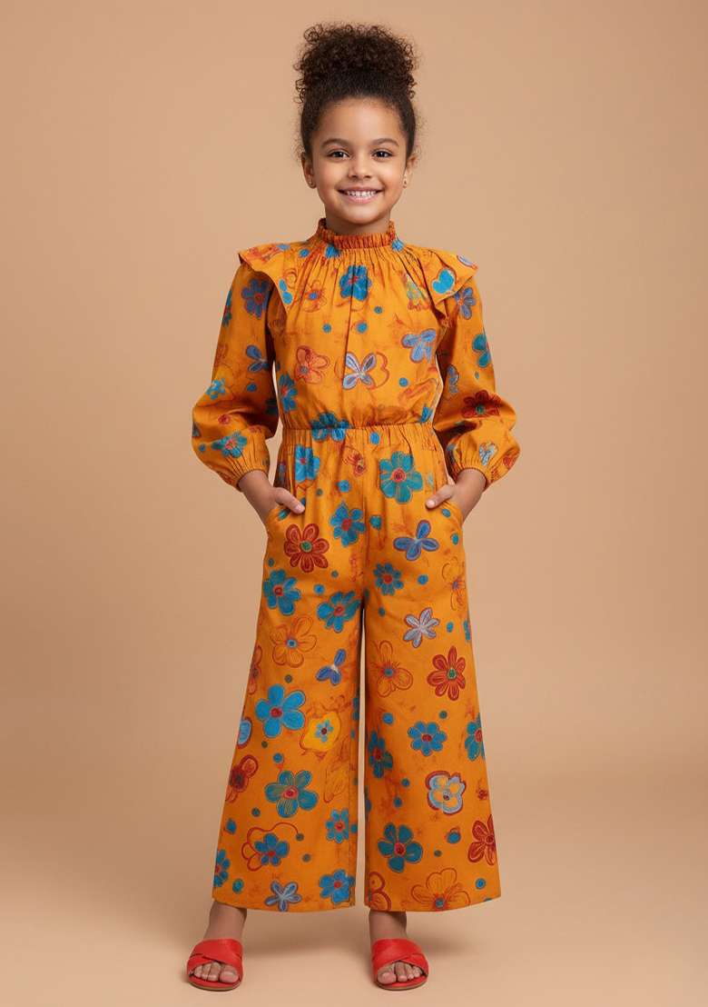 Girls Yellow Floral Print Poplin Jumpsuit - Indya