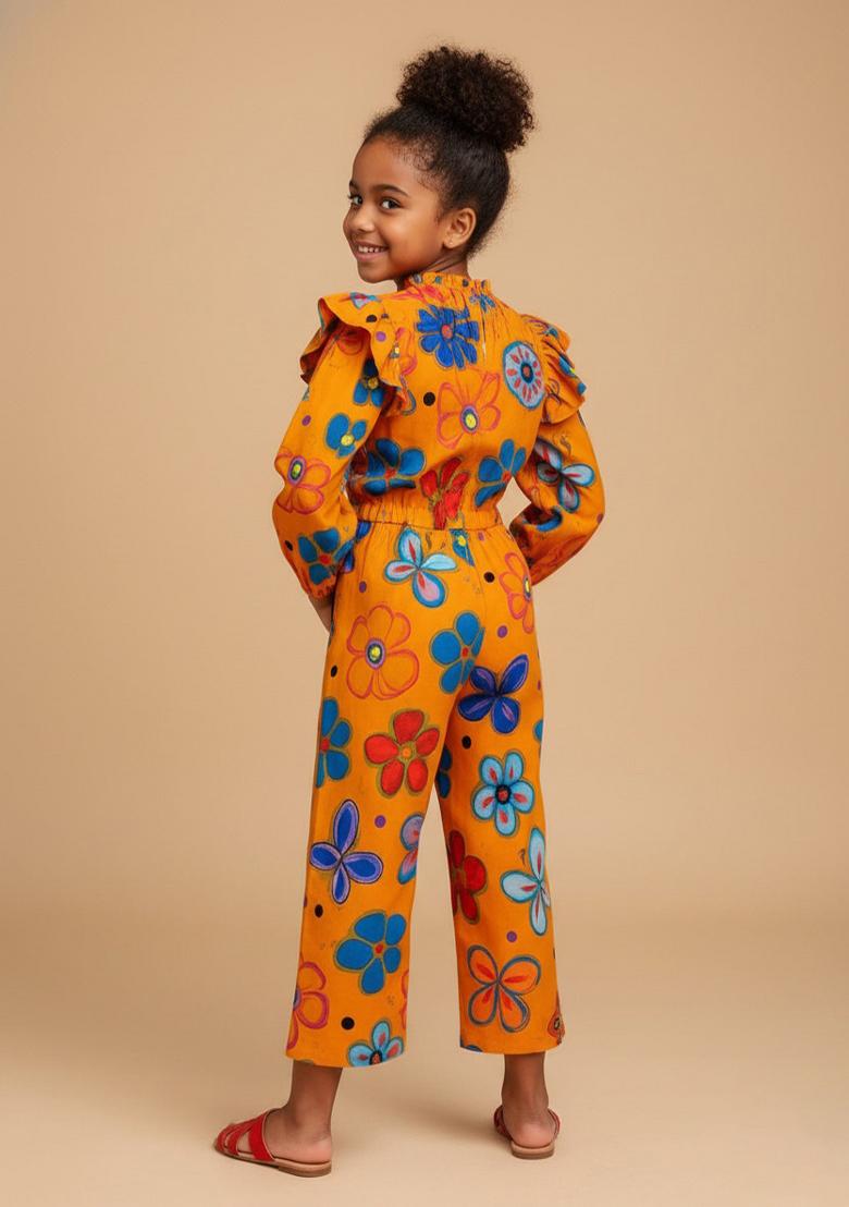 Girls Yellow Floral Print Poplin Jumpsuit - Indya