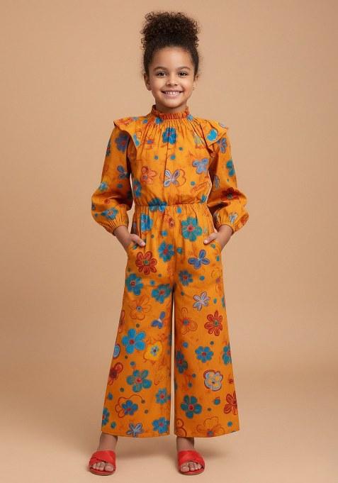 Girls Yellow Floral Print Poplin Jumpsuit