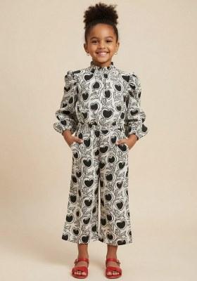 Girls Black And White Floral Print Poplin Jumpsuit