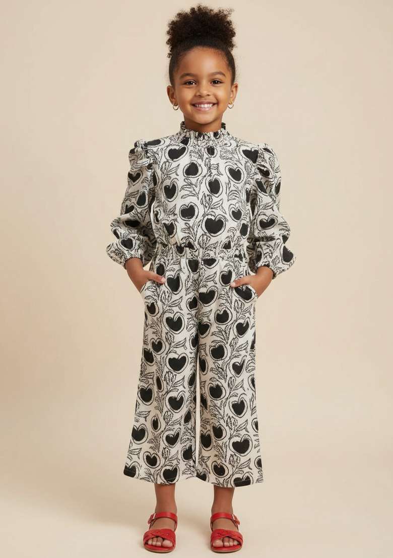 Girls Black And White Floral Print Poplin Jumpsuit - Indya