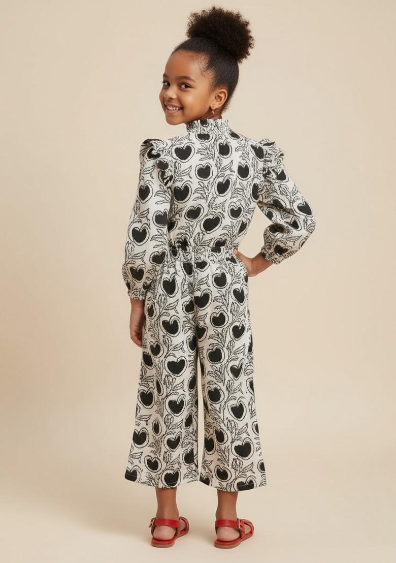 Girls Black And White Floral Print Poplin Jumpsuit - Indya