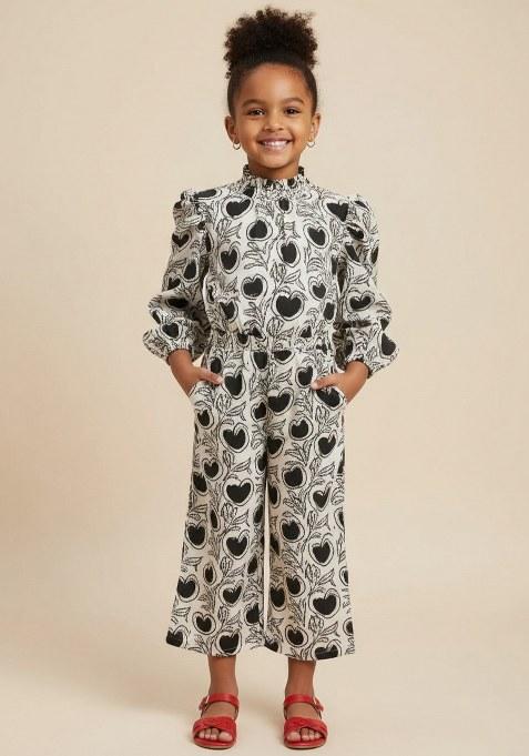 Girls Black And White Floral Print Poplin Jumpsuit
