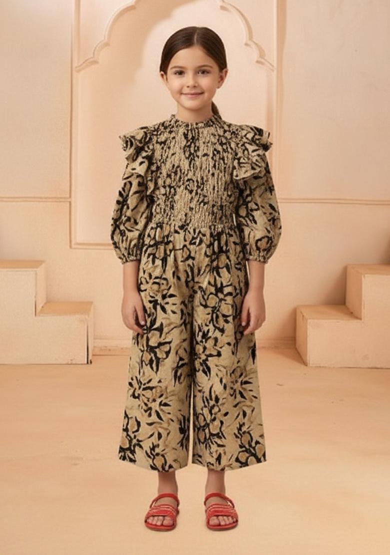 Girls Multicolor Floral Print Poplin Jumpsuit