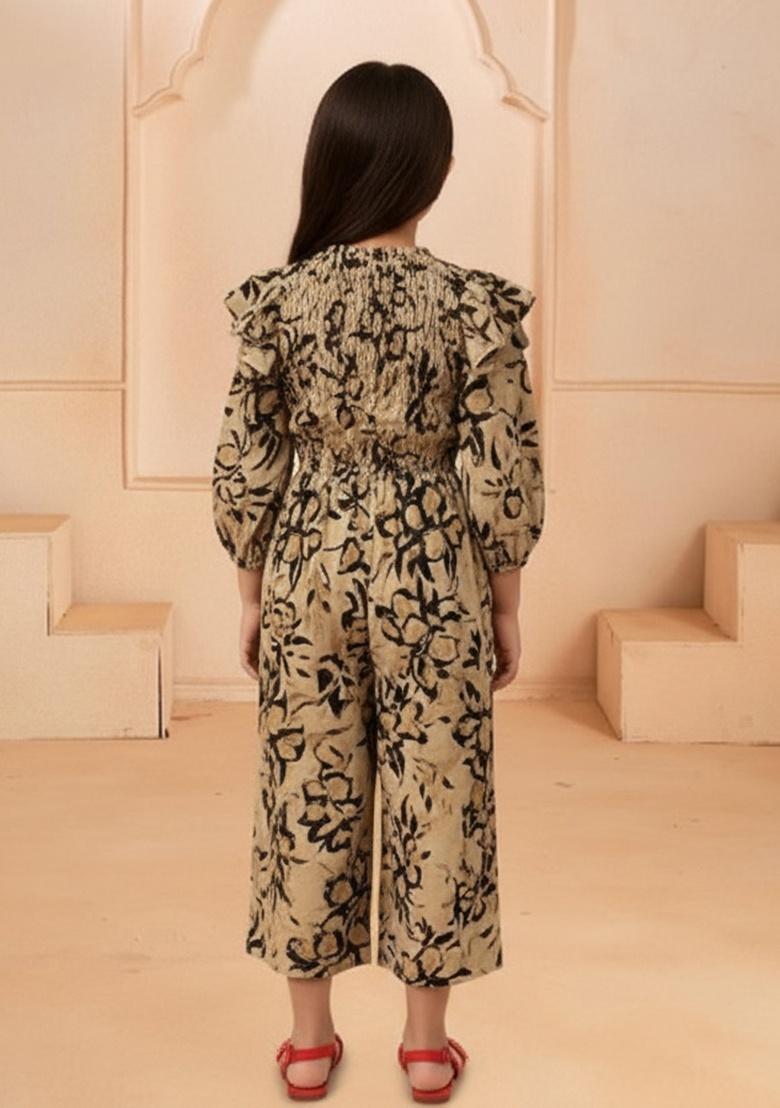 Girls Multicolor Floral Print Poplin Jumpsuit - Indya