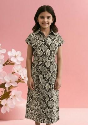Girls Beige Abstract Print Poplin Dress