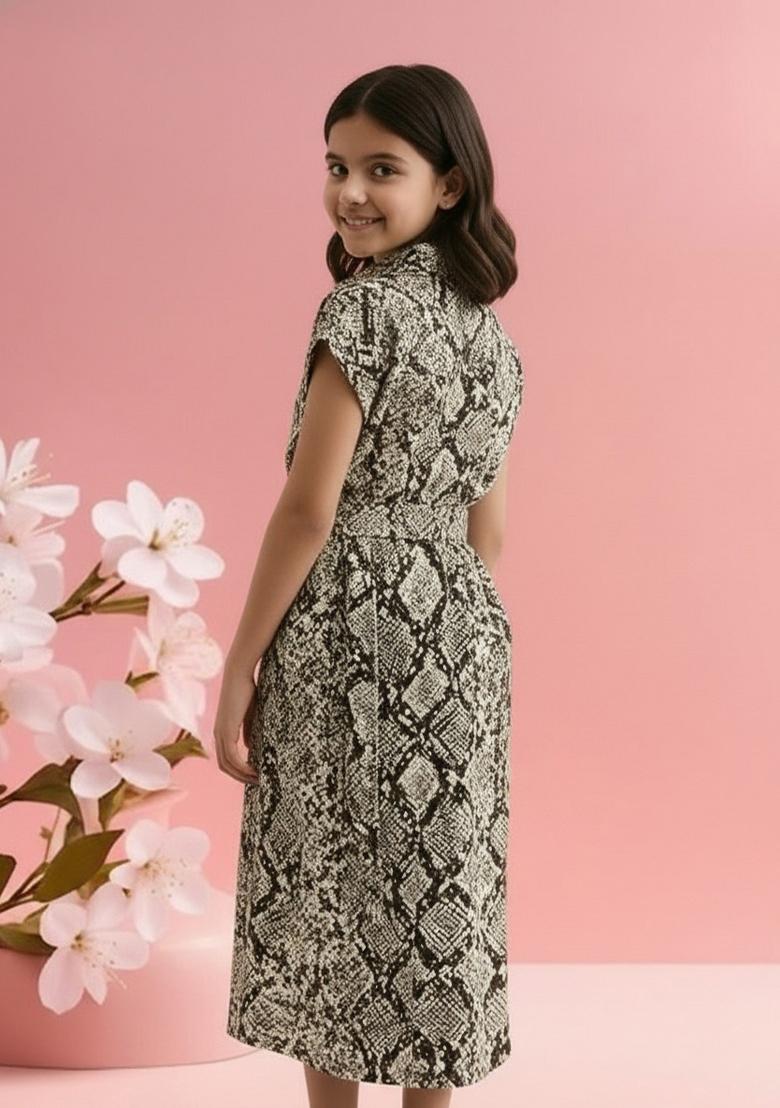 Girls Beige Abstract Print Poplin Dress - Indya