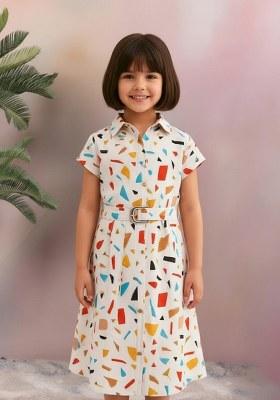 Girls White Abstract Print Poplin Dress
