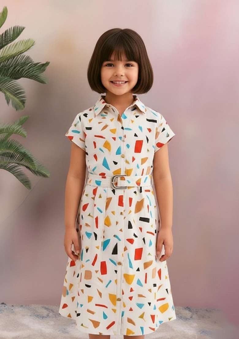 Girls White Abstract Print Poplin Dress - Indya