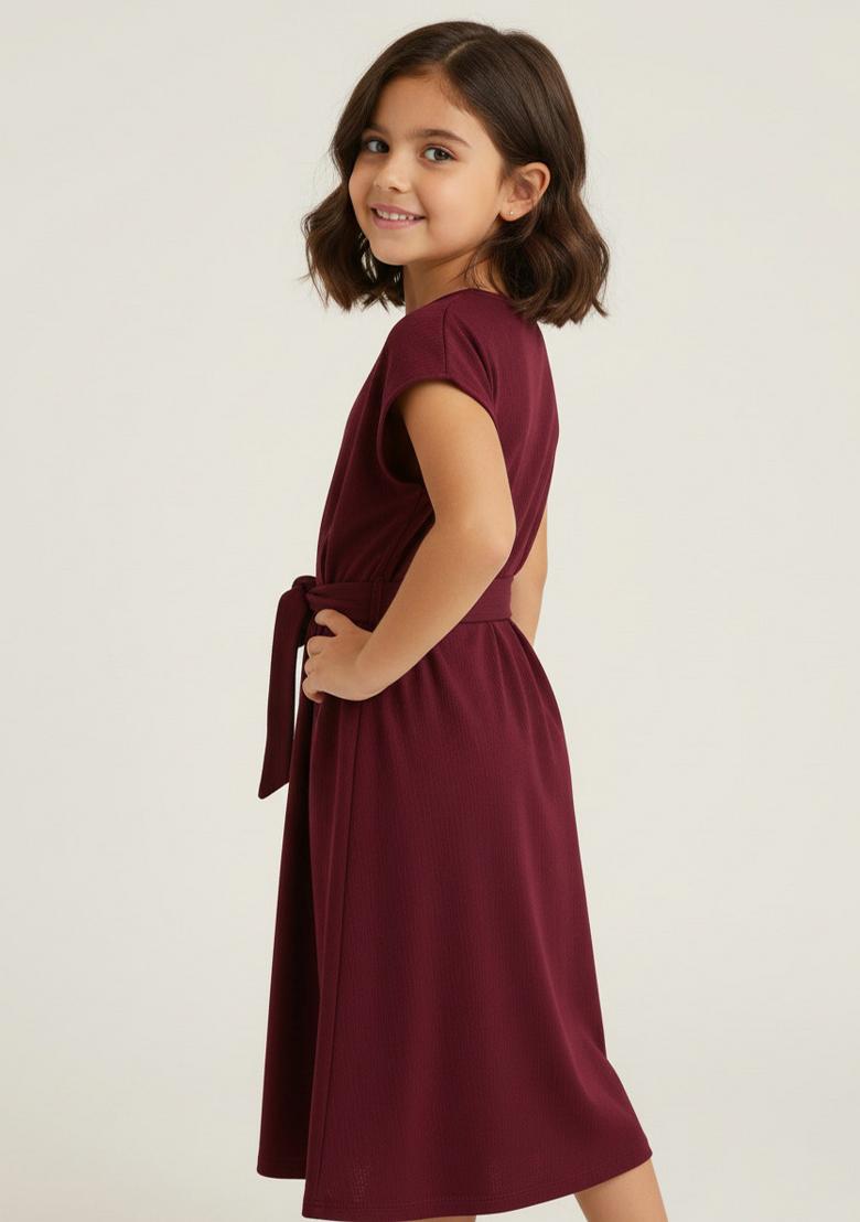 Girls Coffee Brown Solid Linen Dress - Indya