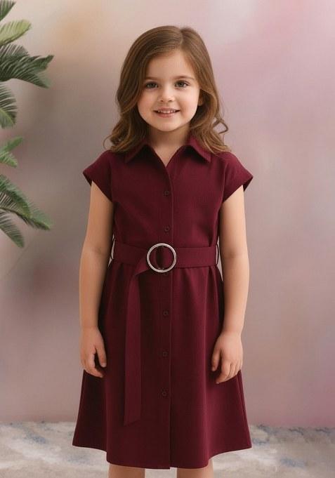 Girls Coffee Brown Solid Linen Dress