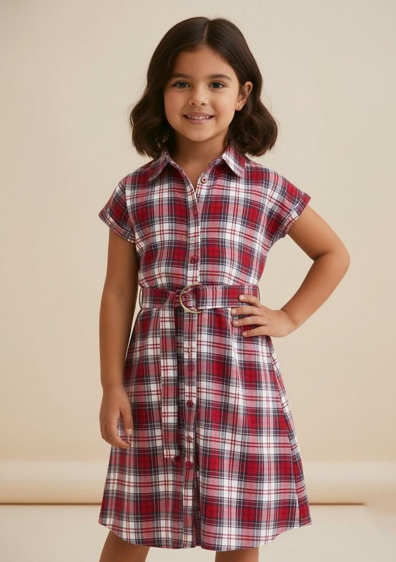 Girls Red Checked Cotton Dress - Indya