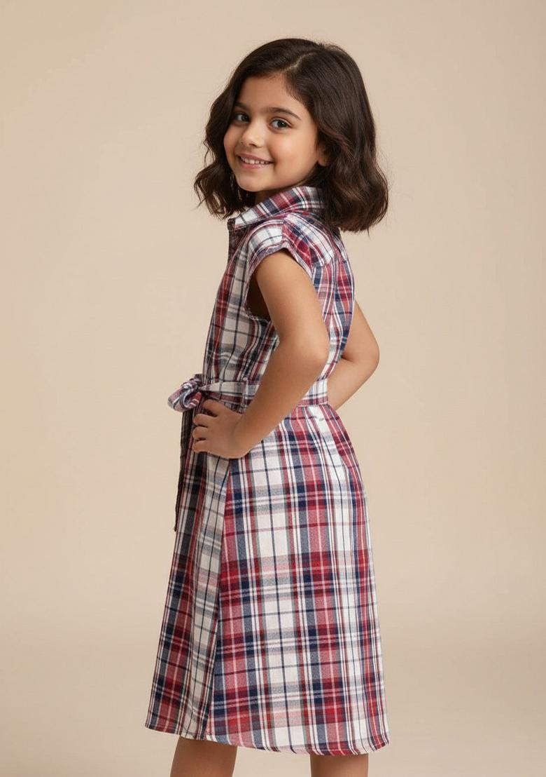 Girls Red Checked Cotton Dress - Indya