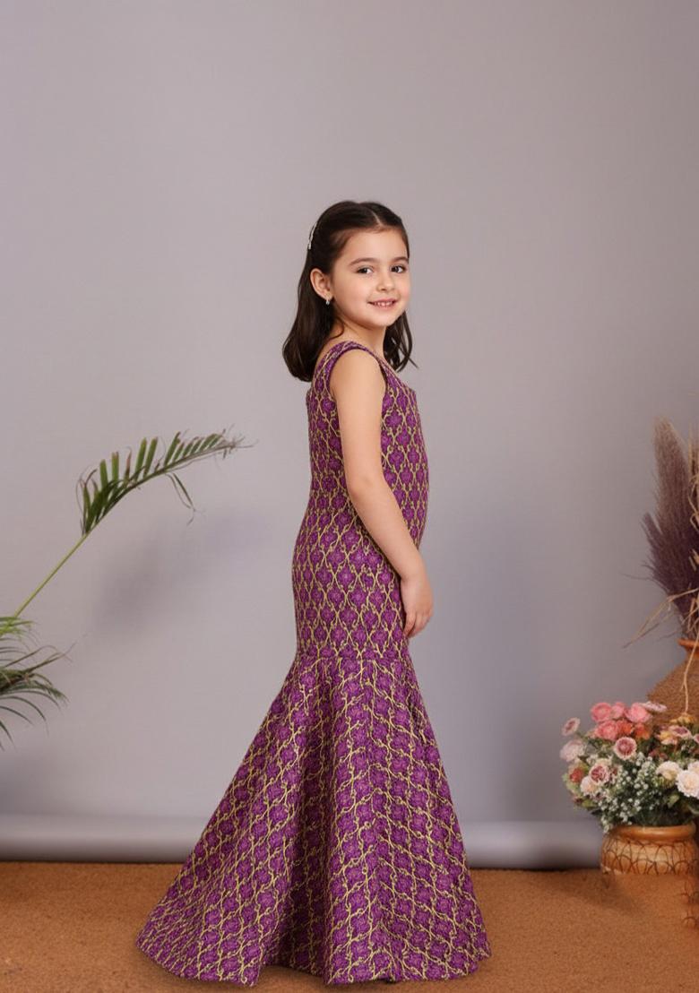 Girls Purple Brocade Dress - Indya