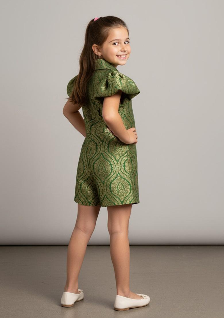 Girls Green Brocade Dress - Indya