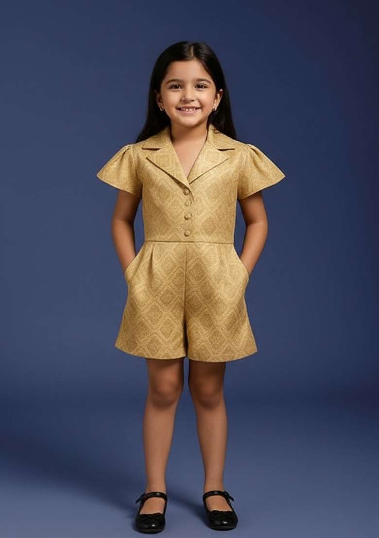 Girls Metalic Gold Brocade Dress - Indya