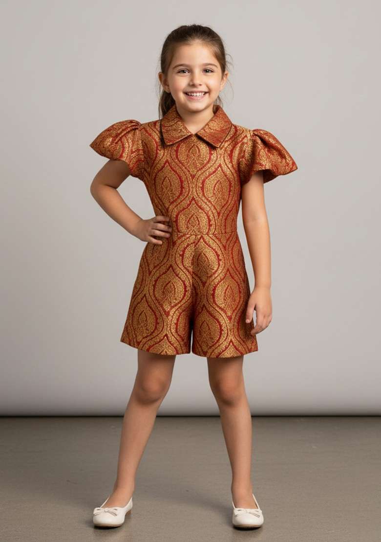 Girls Maroon Brocade Dress - Indya
