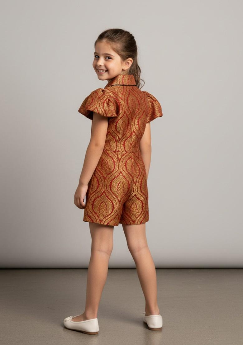 Girls Maroon Brocade Dress - Indya