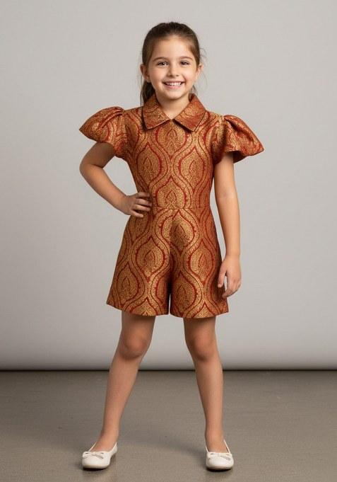 Girls Maroon Brocade Dress