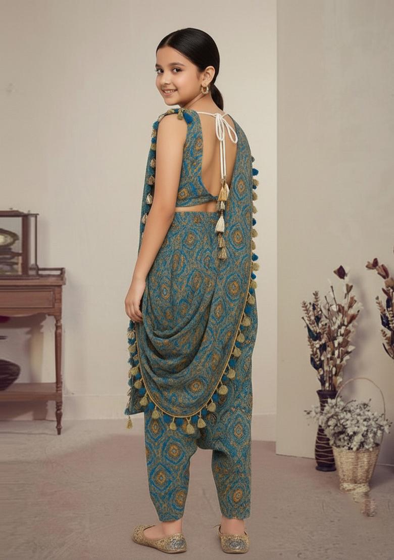 Girls Ocean Blue Figure Print Fusion Set - Indya