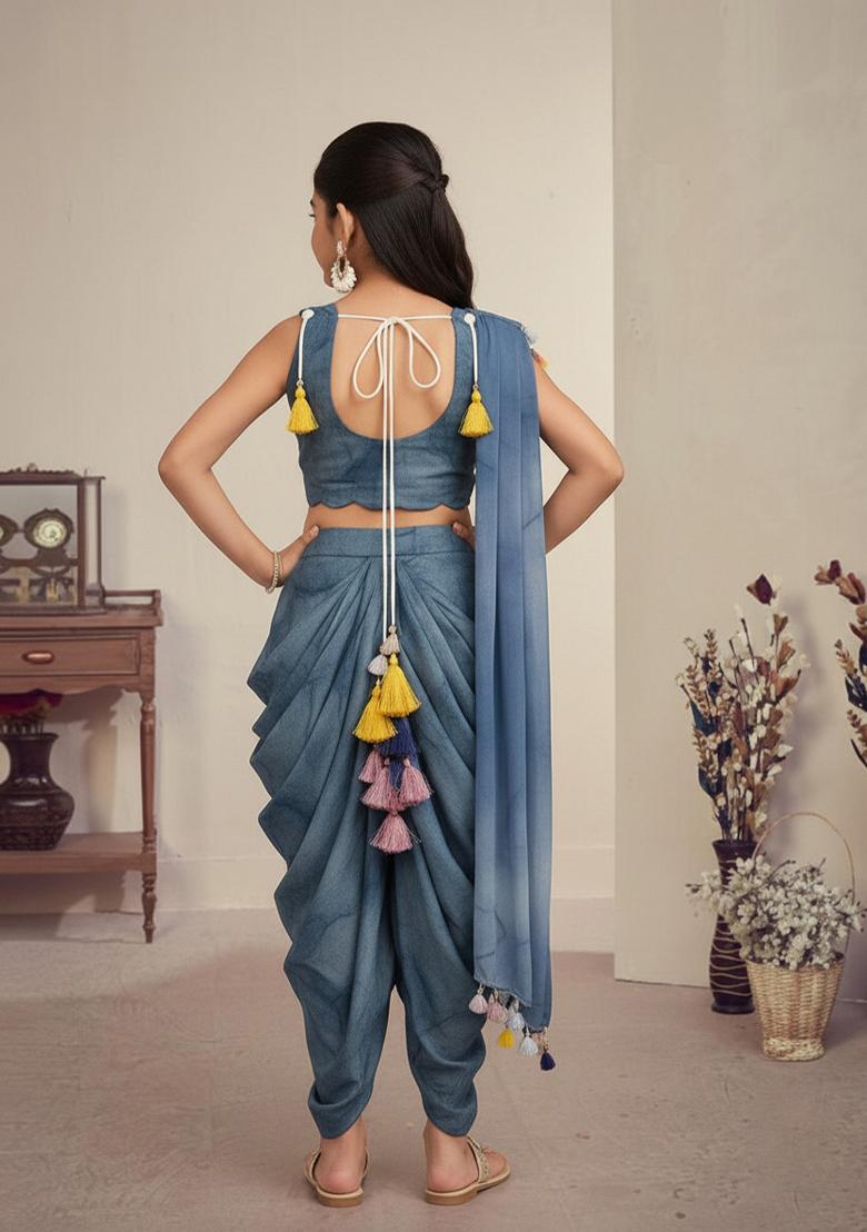 Girls Blue Floral Print Fusion Set - Indya