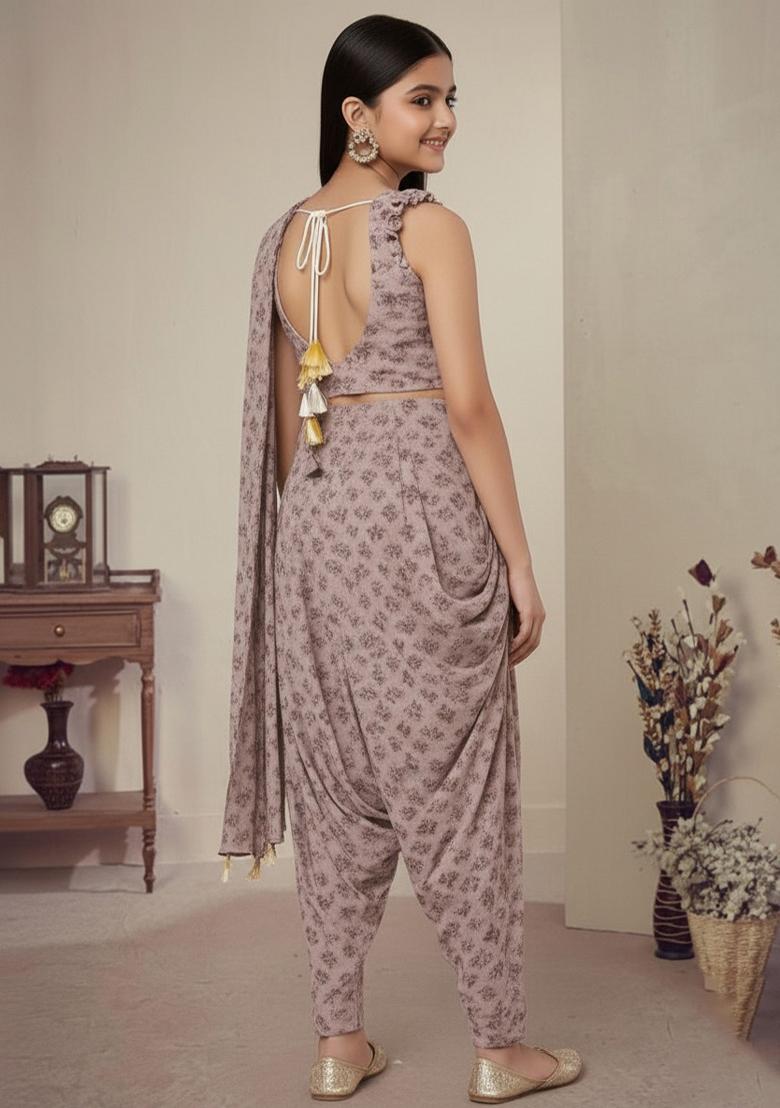 Girls Pink Floral Print Fusion Set - Indya