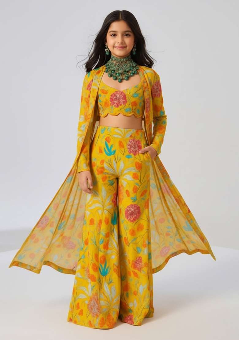 Girls Black Floral Print Chiffon Fusion Set - Indya