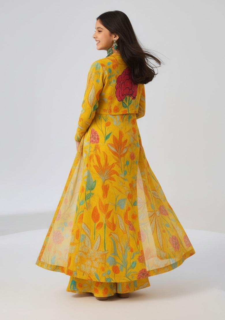 Girls Black Floral Print Chiffon Fusion Set - Indya