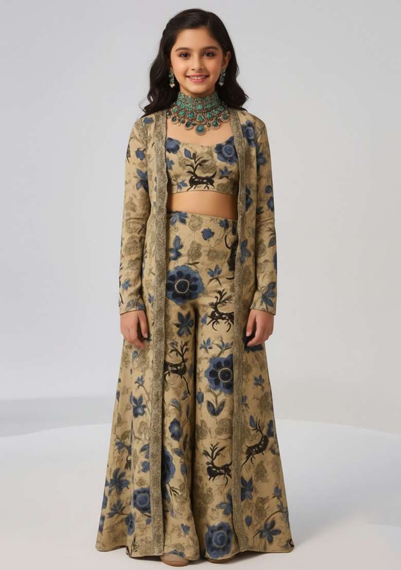 Girls Beige Floral Print Chiffon Fusion Set - Indya