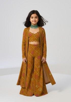 Girls Mustard Abstract Print Chiffon Fusion Set