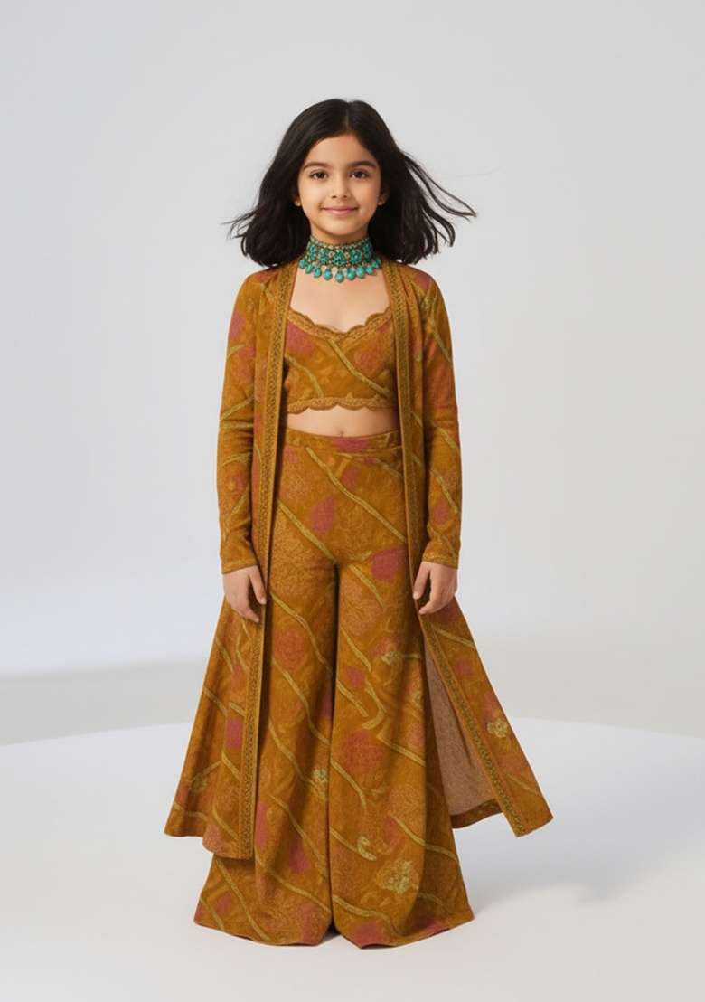Girls Mustard Abstract Print Chiffon Fusion Set - Indya