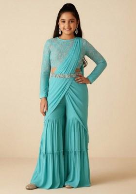 Girls Sky Blue Embellished Georgette Fusion Set