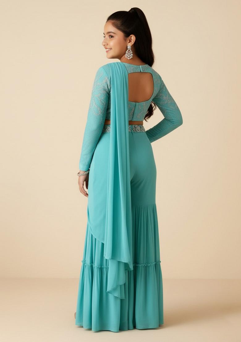 Girls Sky Blue Embellished Georgette Fusion Set - Indya