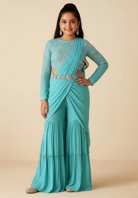 Girls Sky Blue Embellished Georgette Fusion Set