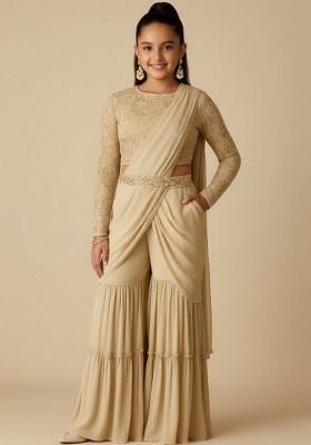 Girls Cream Embellished Georgette Fusion Set