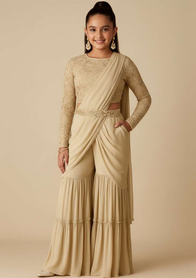 Girls Cream Embellished Georgette Fusion Set - Indya