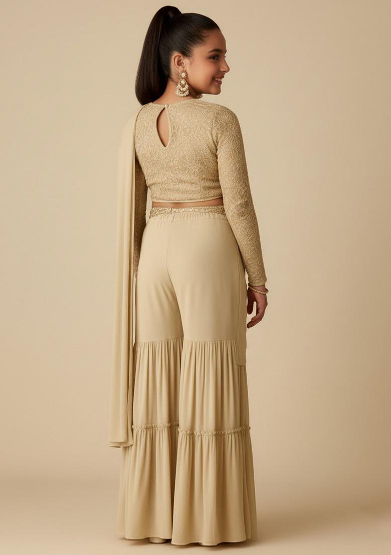 Girls Cream Embellished Georgette Fusion Set - Indya