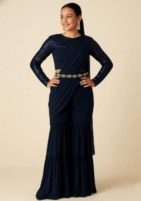 Girls Deep Blue Embellished Georgette Fusion Set