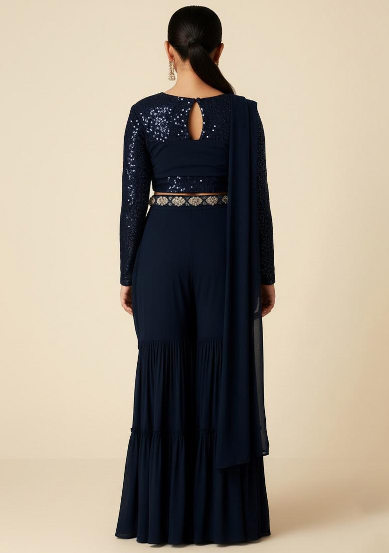 Girls Deep Blue Embellished Georgette Fusion Set - Indya