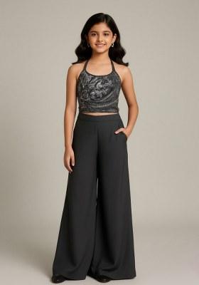 Girls Grey Embroidered Georgette Fusion Set