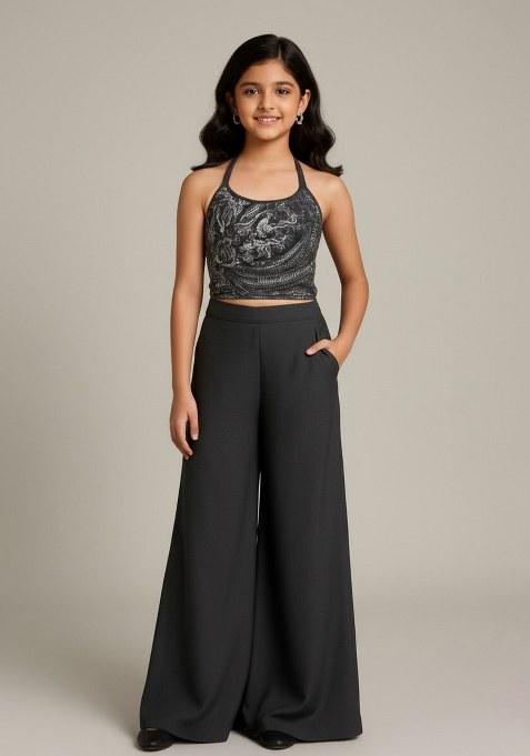 Girls Grey Embroidered Georgette Fusion Set