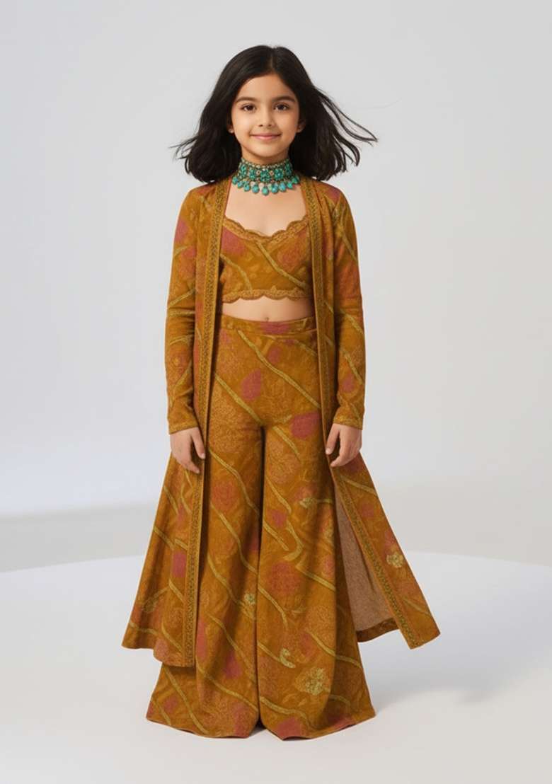 Girls Orange Floral Print Tissue Fusion Set - Indya