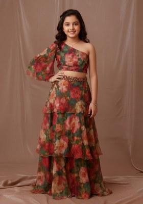 Girls Green Floral Print Tissue Fusion Set