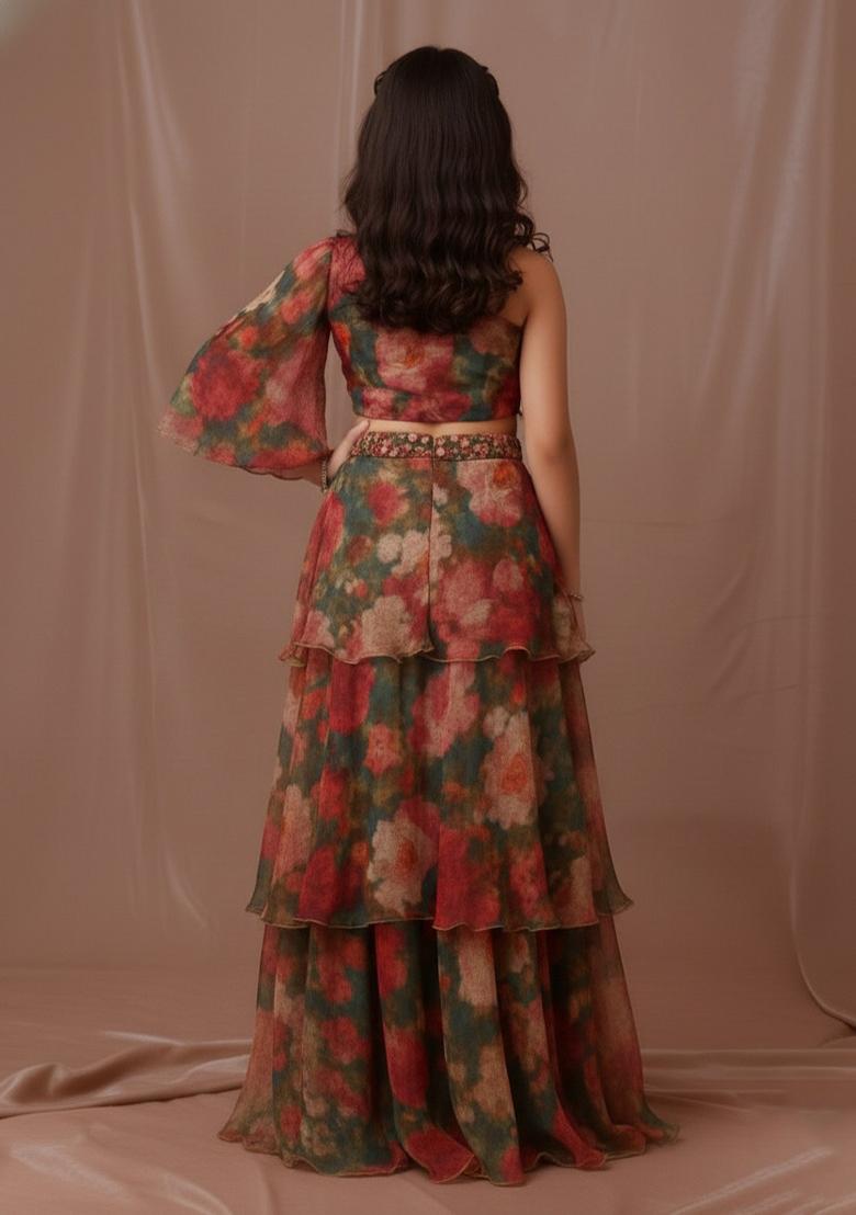 Girls Green Floral Print Tissue Fusion Set - Indya