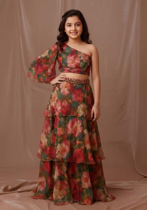 Girls Green Floral Print Tissue Fusion Set