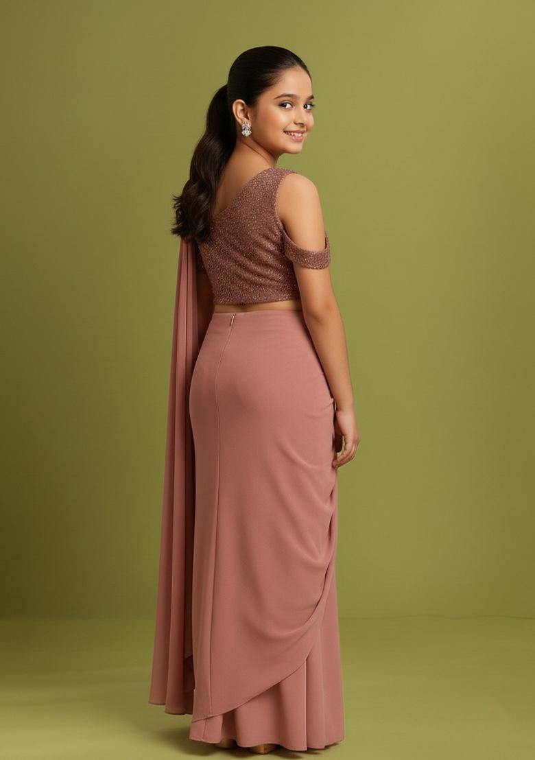 Girls Pink Embellished Net Fusion Set - Indya