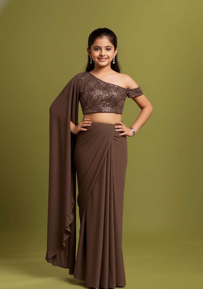Girls Brown Embellished Net Fusion Set - Indya